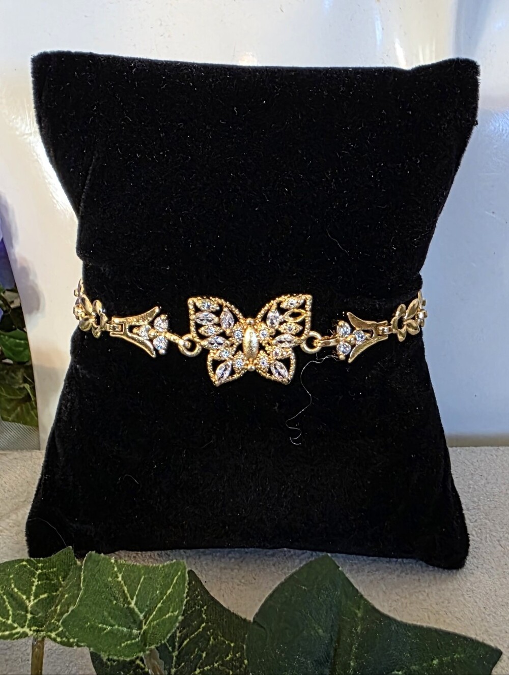 Gold Filled CZ Butterfly Statement Bracelet Floral Filigree Link